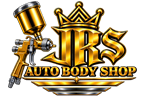 Black and gold auto body shop logo with a wrench, piston and shield emblem