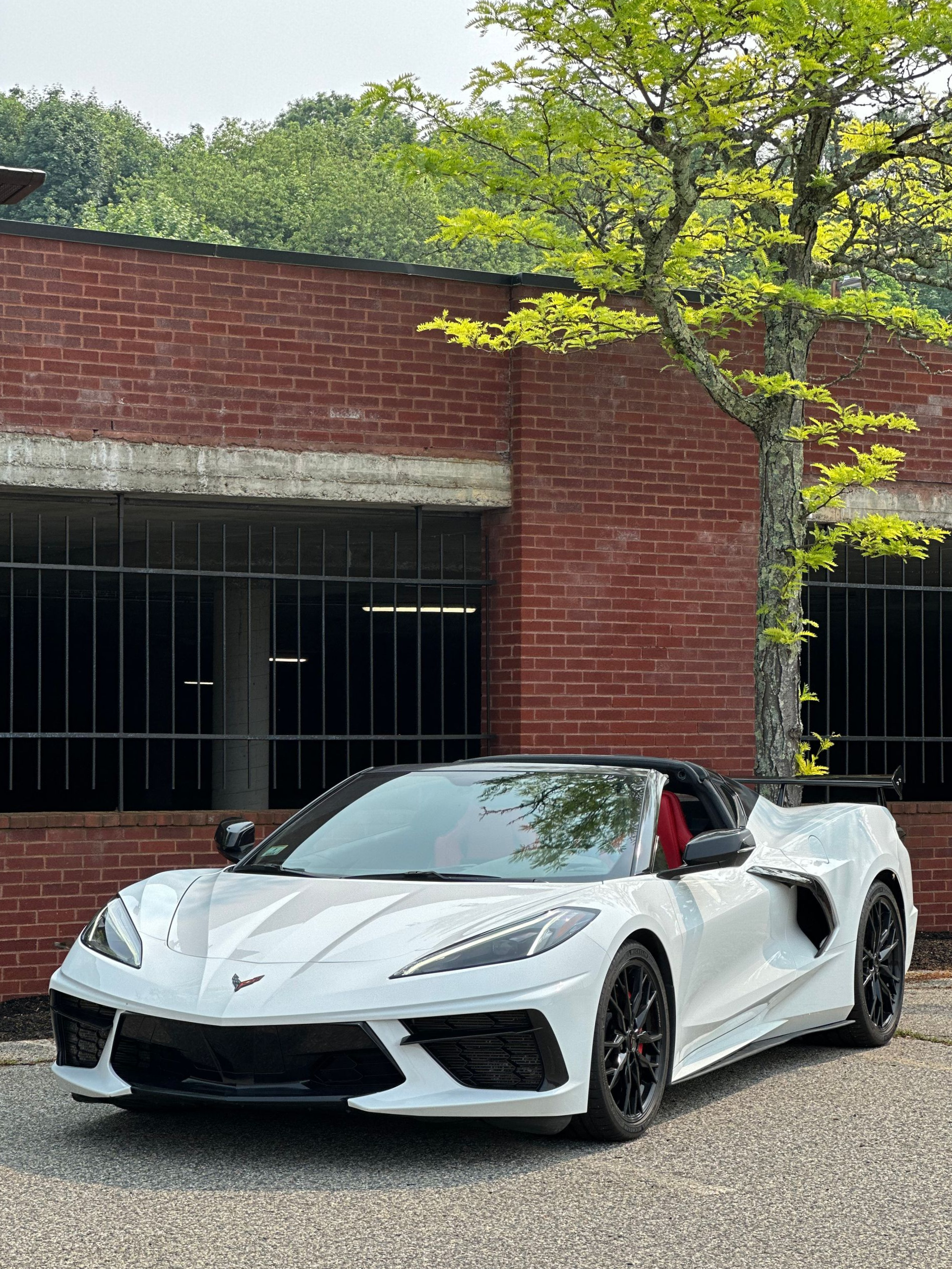 White sports car parked by a brick building and tree on a sunny day