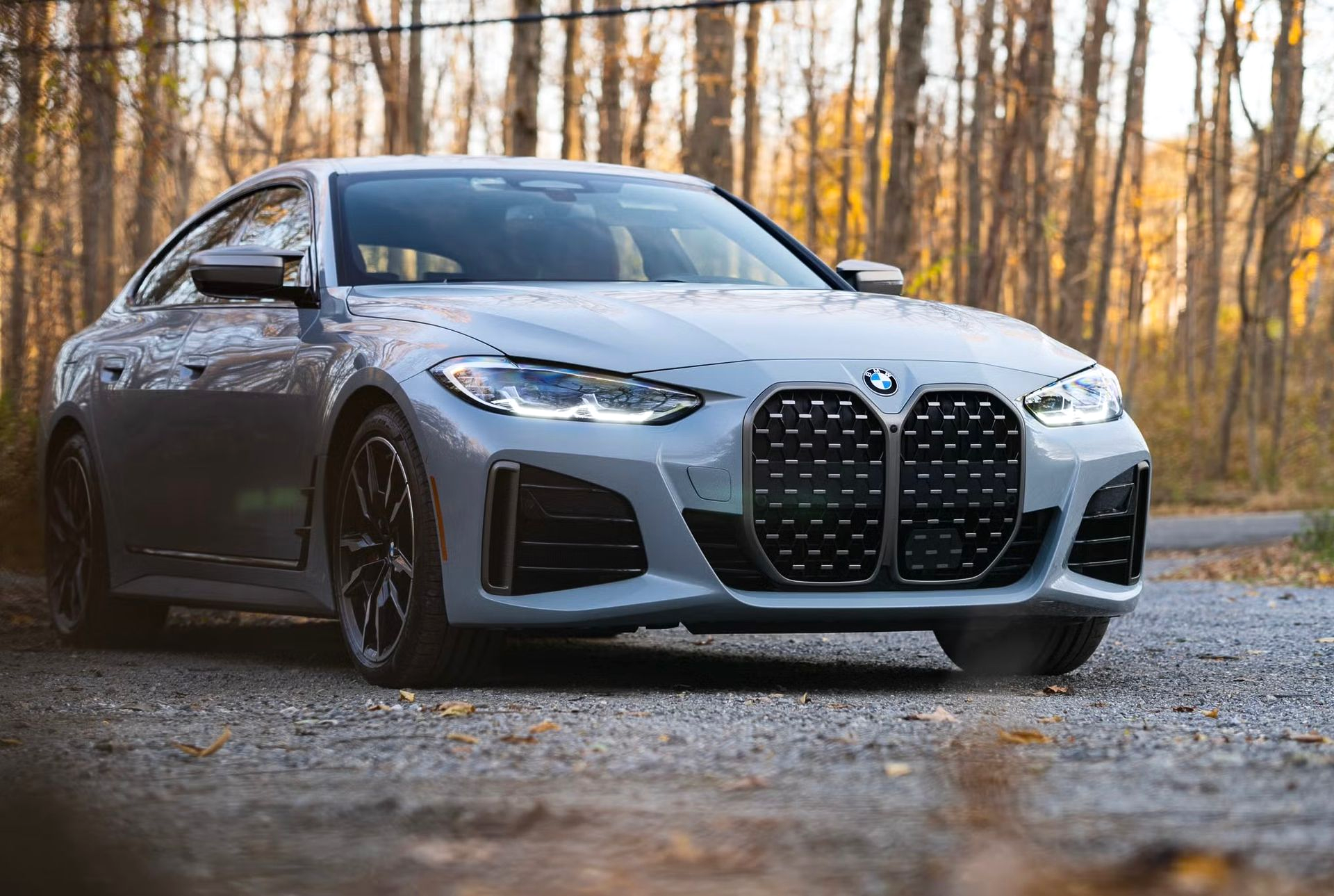 Silver BMW sedan parked on a wet road in a wooded autumn setting