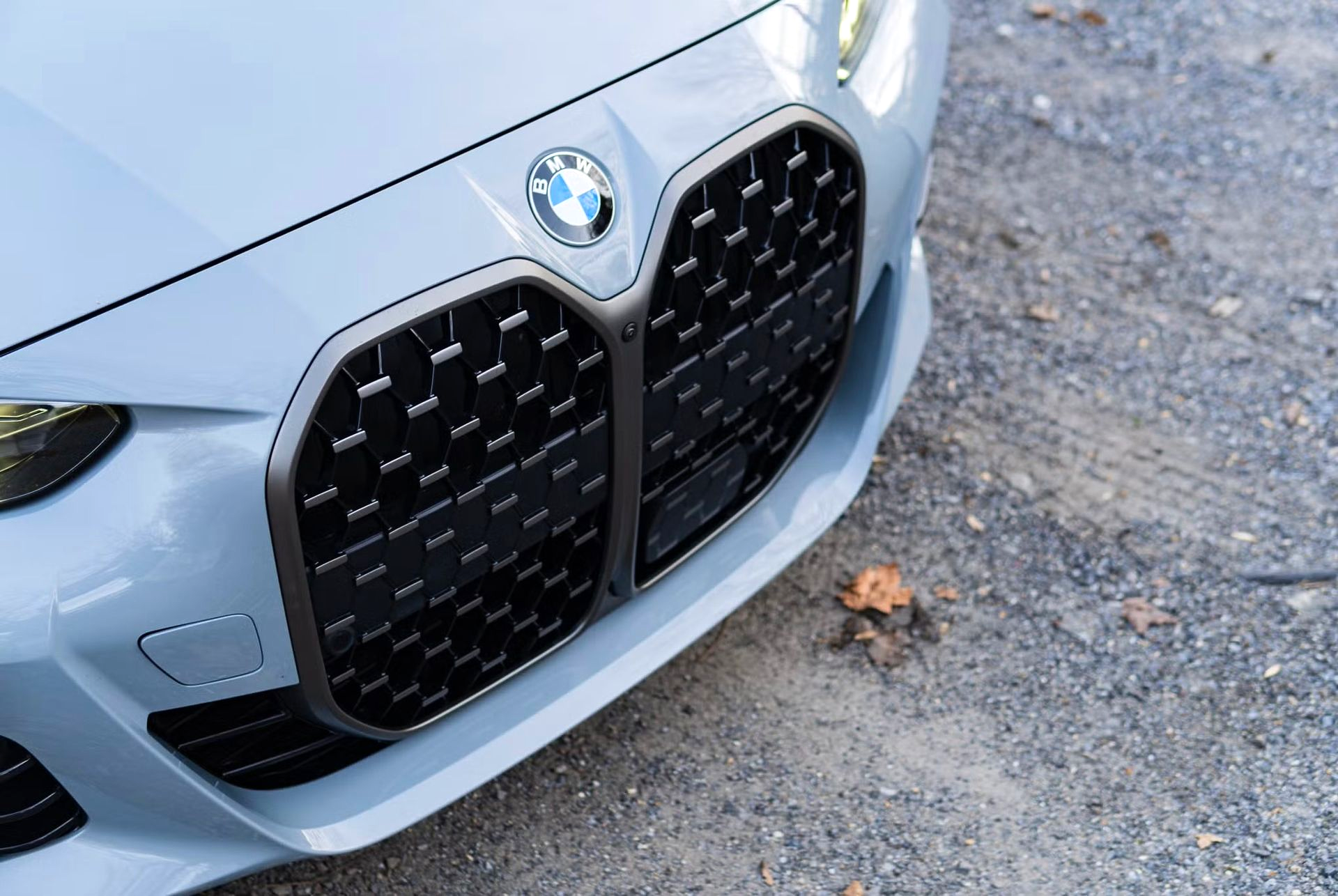 Close-up of a white BMW front grille parked on rough pavement with a small leaf nearby