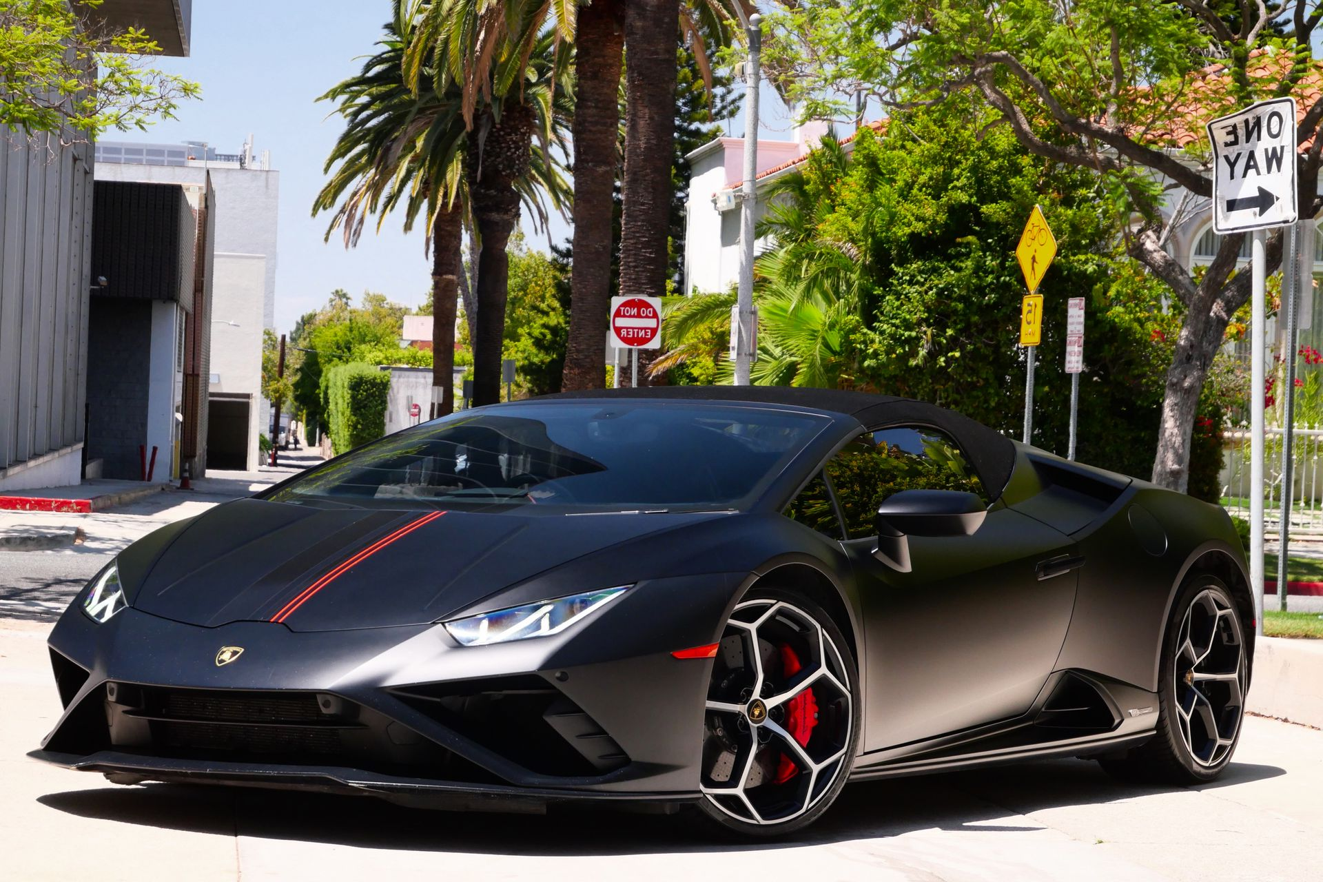 Black Lamborghini convertible parked on a street with palm trees. Red accent stripe, black rims.