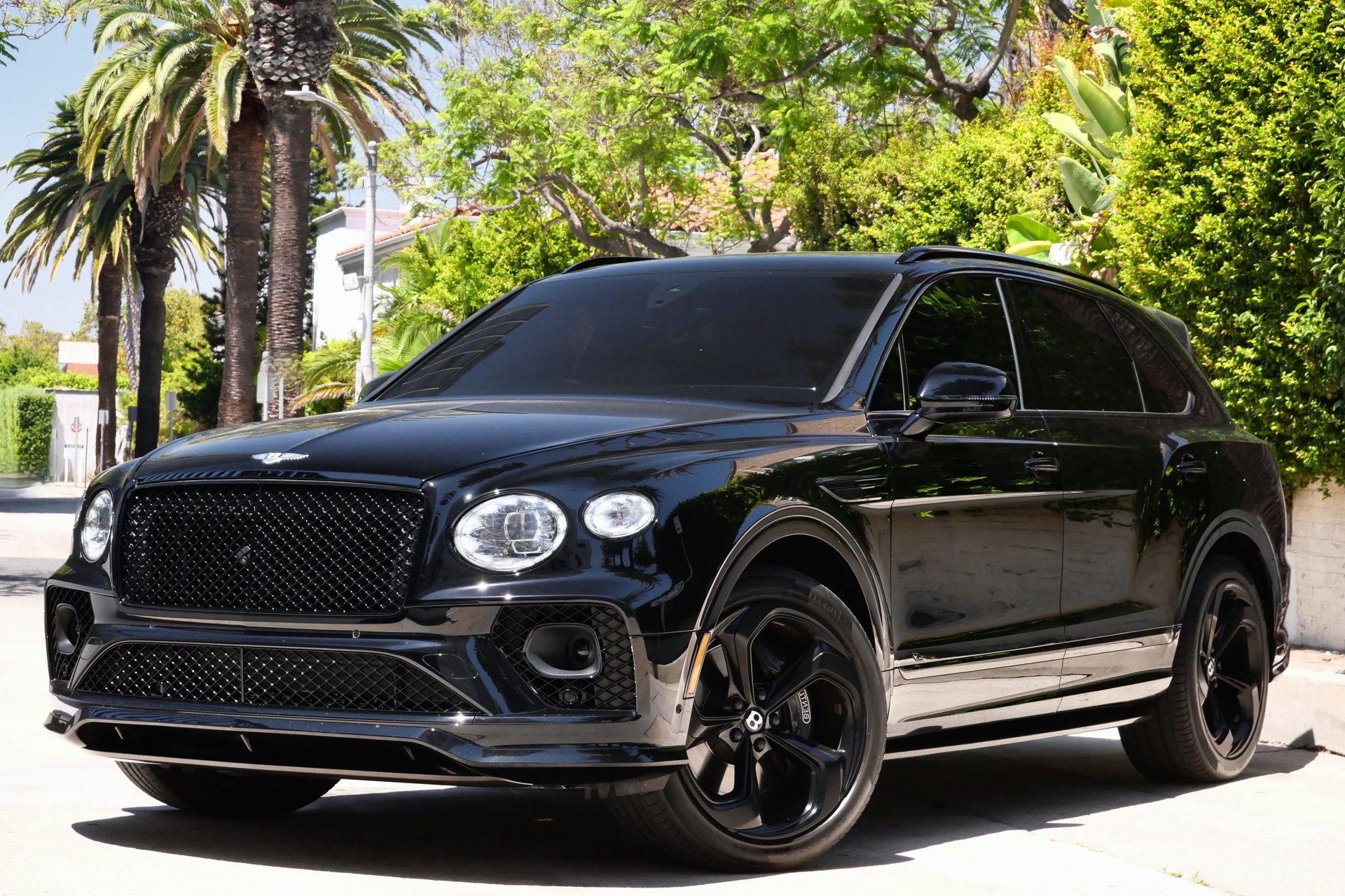 Black Bentley SUV parked on a street with palm trees and greenery.