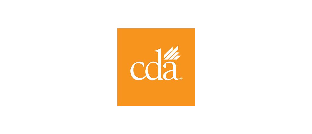 Orange square logo with white “cda” lettering and a small white leaf icon