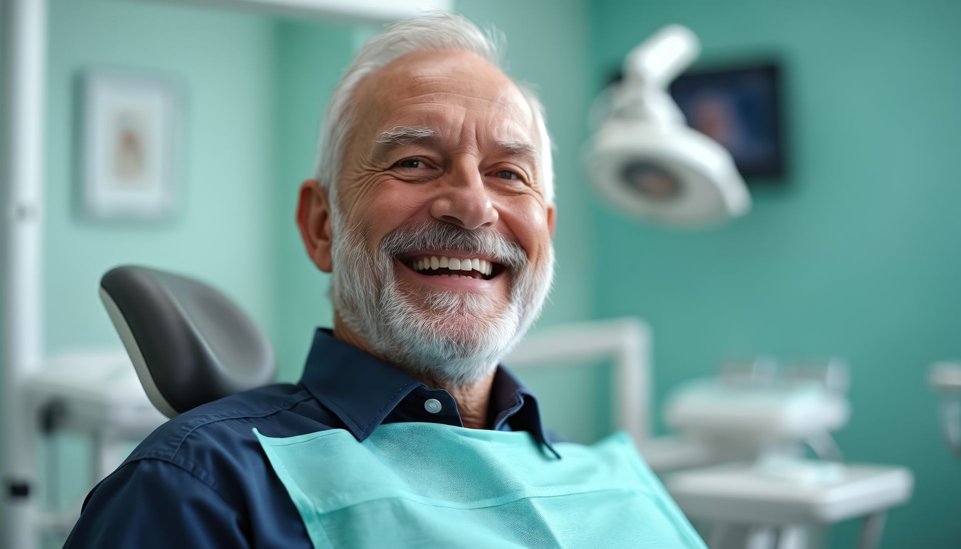 Smiling patient in a dental chair with teal bib, dental office in the background