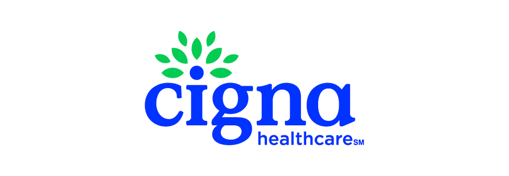 Cigna Healthcare logo with blue text and a green leaf icon above it