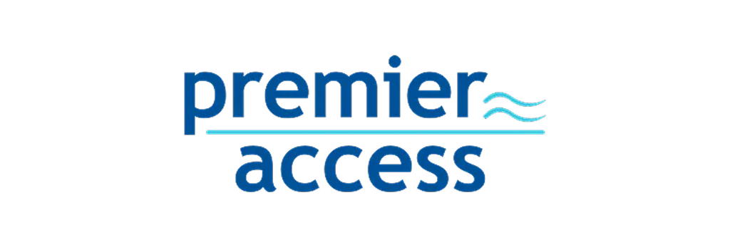 Premier Access logo in blue with three light blue wave lines on the right