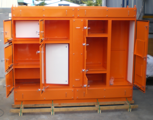 A large orange cabinet with the doors open — Keystone Engineering Sheet Metal Industries in Noosaville, QLD
