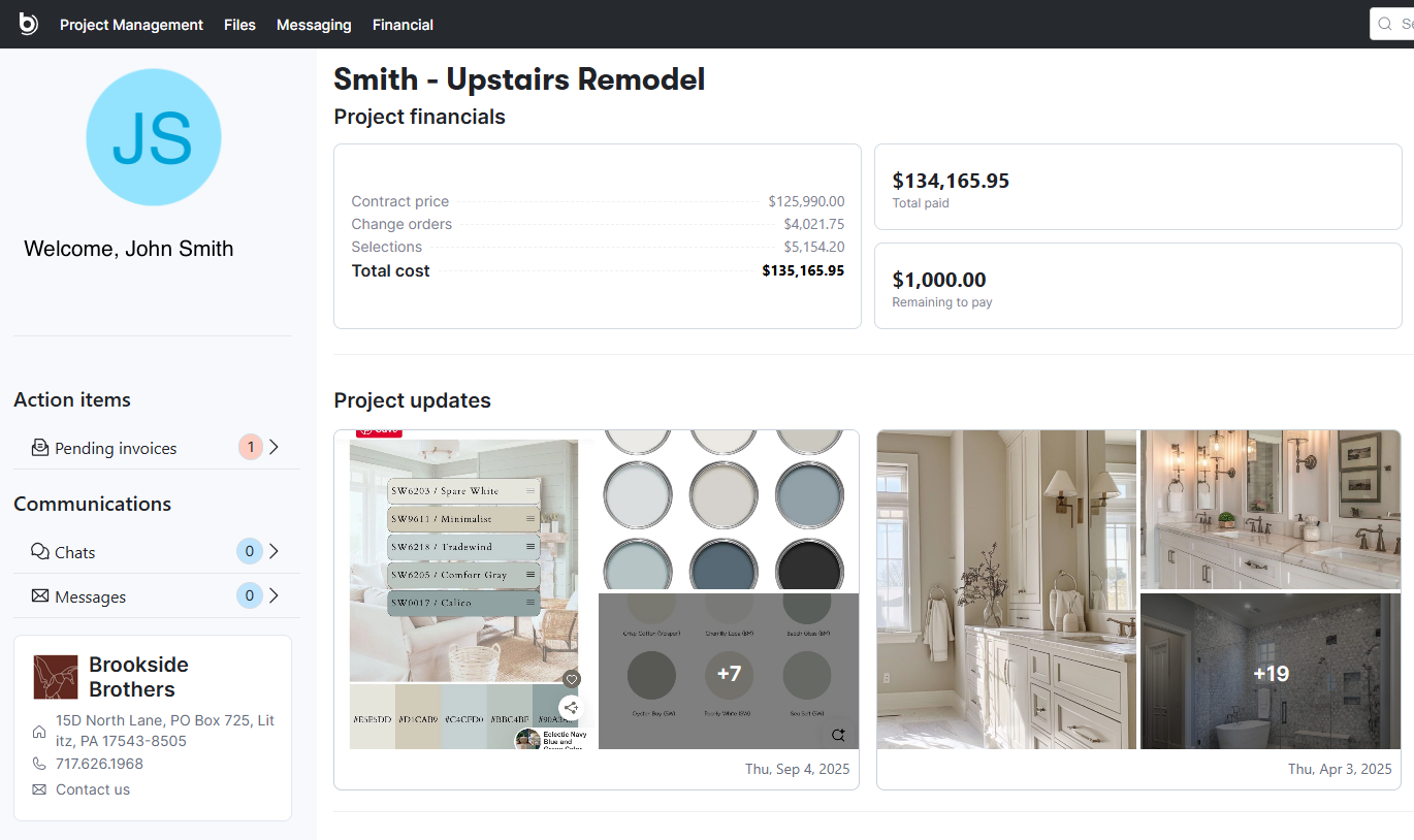 Project dashboard for “Smith - Upstairs Remodel” with left sidebar and room design thumbnails.