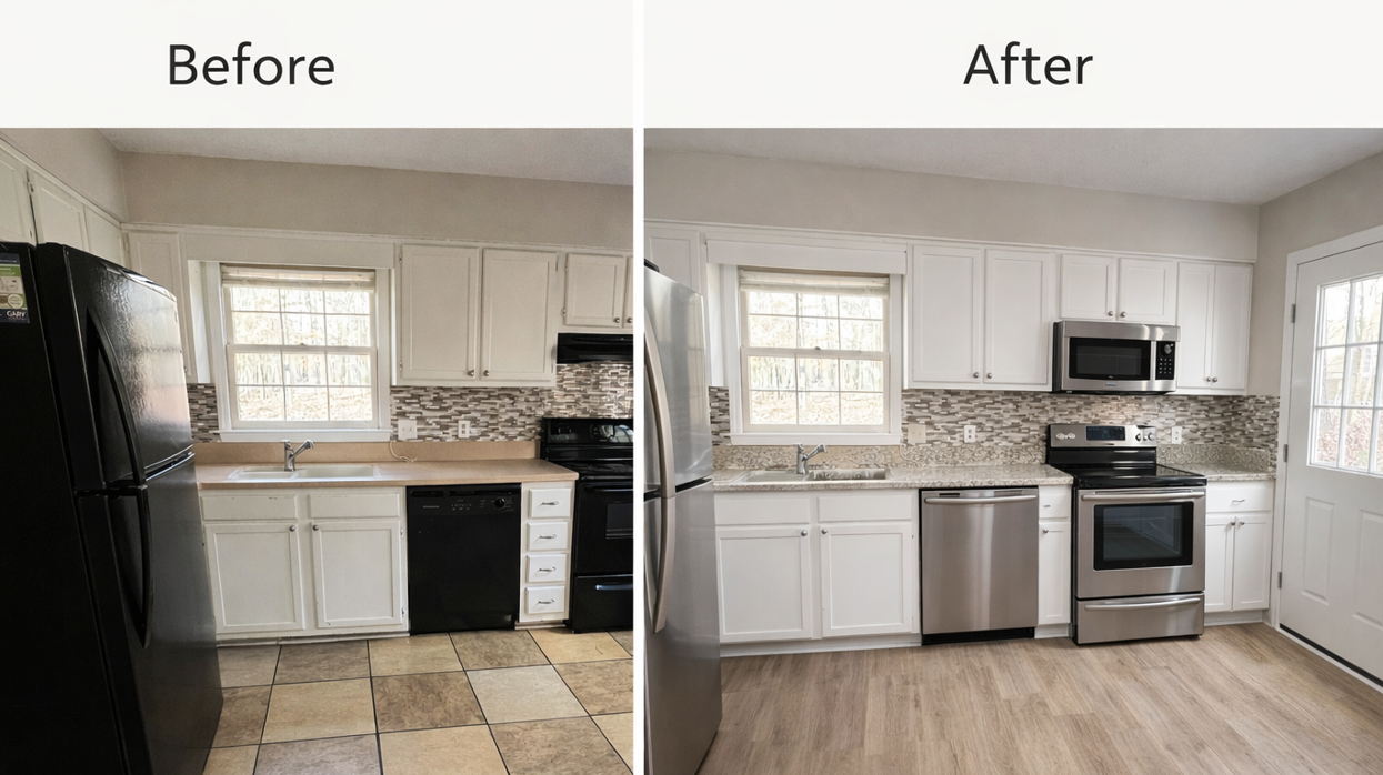 Before and after comparison of a kitchen remodel, showing new stainless steel appliances and updated light-wood flooring.