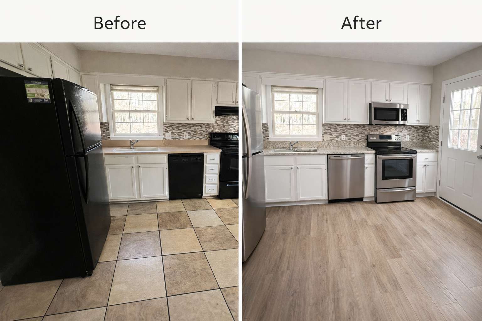 Before and after view of a kitchen renovation featuring new stainless steel appliances and light wood flooring.