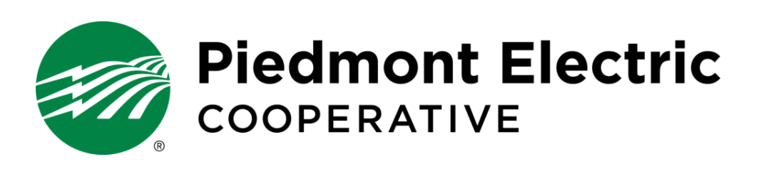 Logo for Piedmont Electric Cooperative, featuring a green circle with stylized white lines and black text to the right.