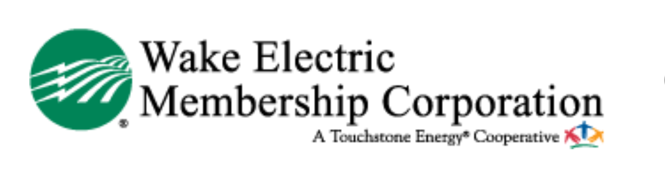 Logo for Wake Electric Membership Corporation, featuring a green circle with white lightning bolts and cooperative text.