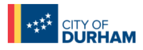 The City of Durham logo: a blue rectangle with seven white stars and red and yellow stripes next to the text.