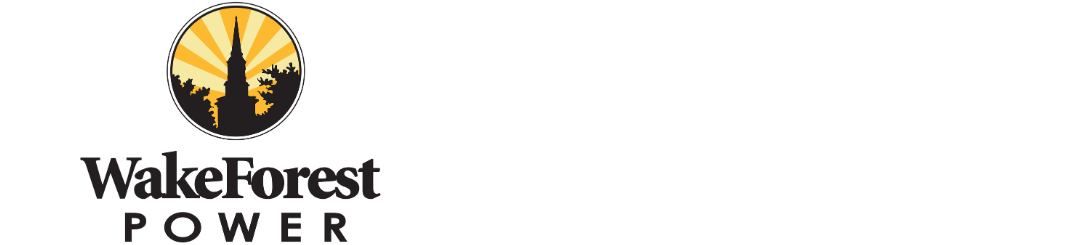 Logo for Wake Forest Power, featuring a circular icon with a golden sunburst over a black silhouette and text below.