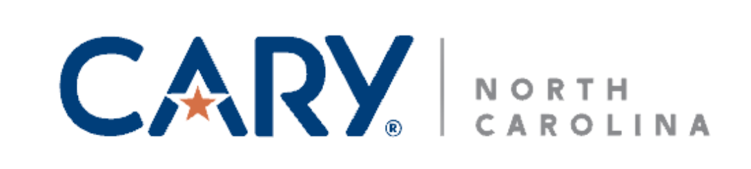Logo for Cary, North Carolina, with blue text and a small orange star inside the letter A.