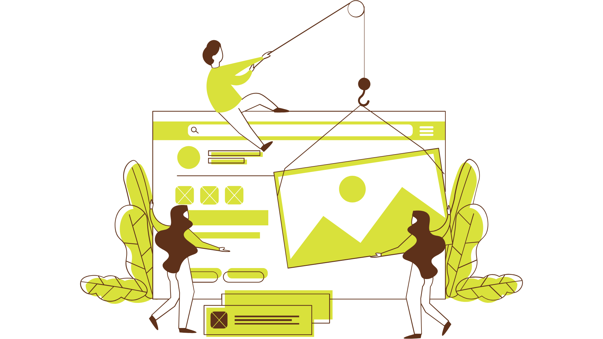 A stylized illustration shows three people working together to construct and arrange elements on a digital website layout.