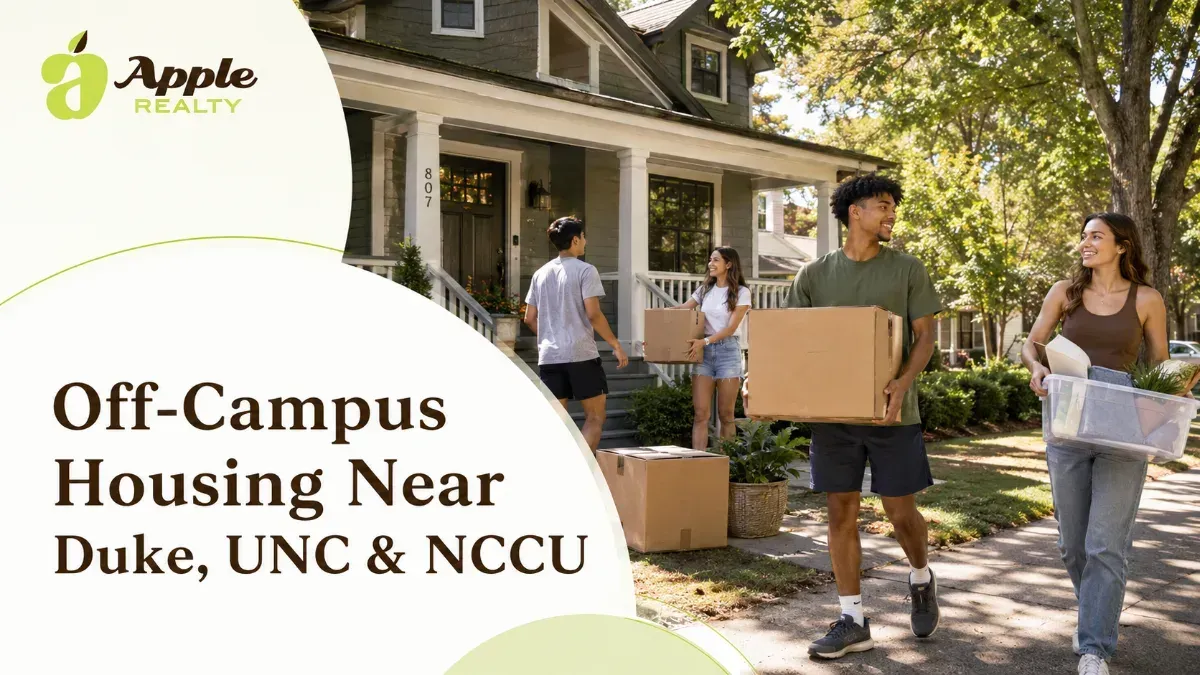 Happy young adults carrying moving boxes and clear bins into an off-campus house. The image promotes Apple Realty for student housing near Duke, UNC, and NCCU, with the house number 807 visible.