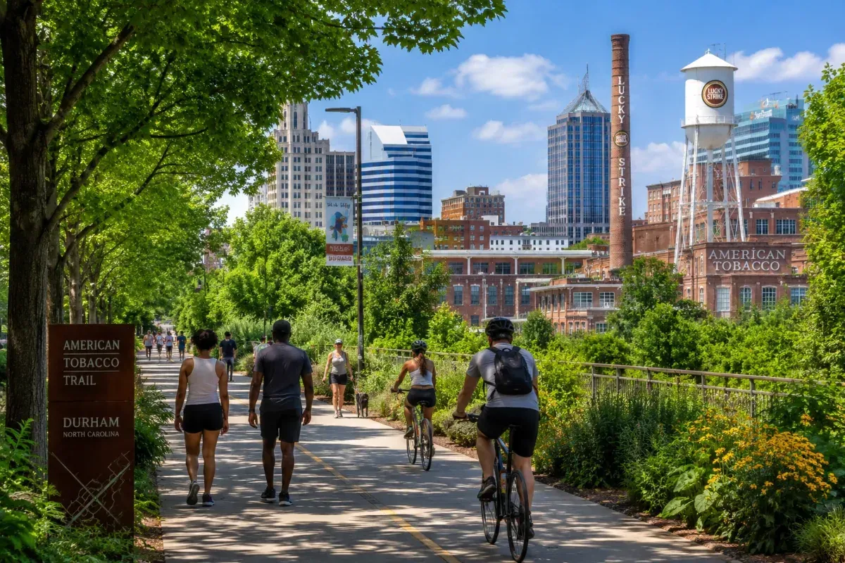 Renters walking along the American Tobacco Trail greenway in Durham on a summer afternoon