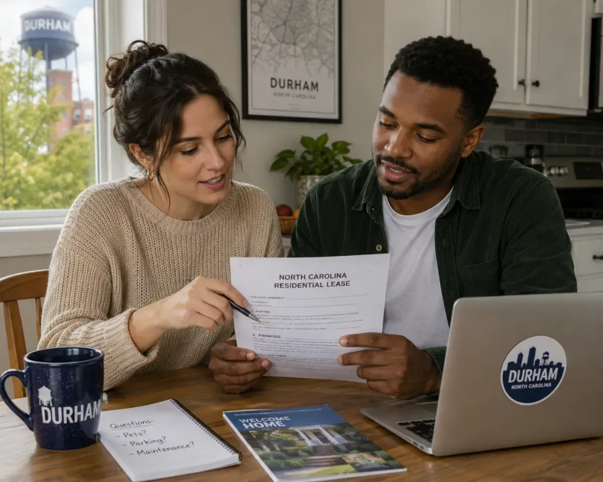 Diverse couple reviewing a North Carolina residential lease agreement, with a woman pointing to the 