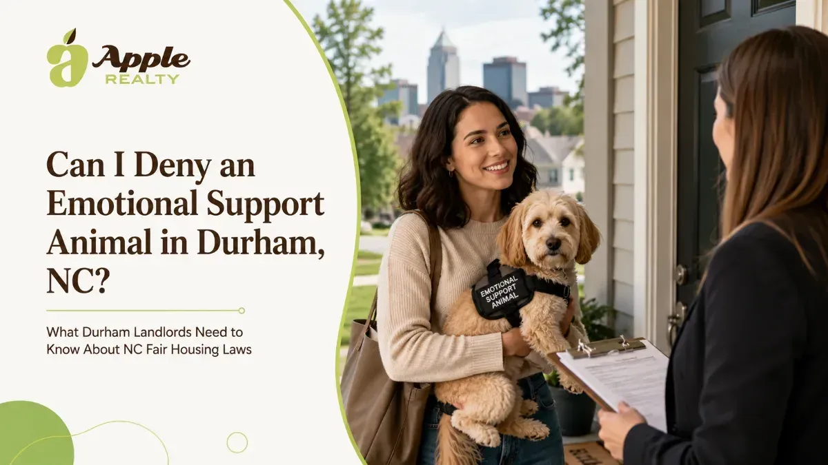 A smiling woman holding a fluffy emotional support dog wearing an ESA vest talks to a landlord holding a clipboard, next to text asking 'Can I Deny an Emotional Support Animal in Durham, NC?'