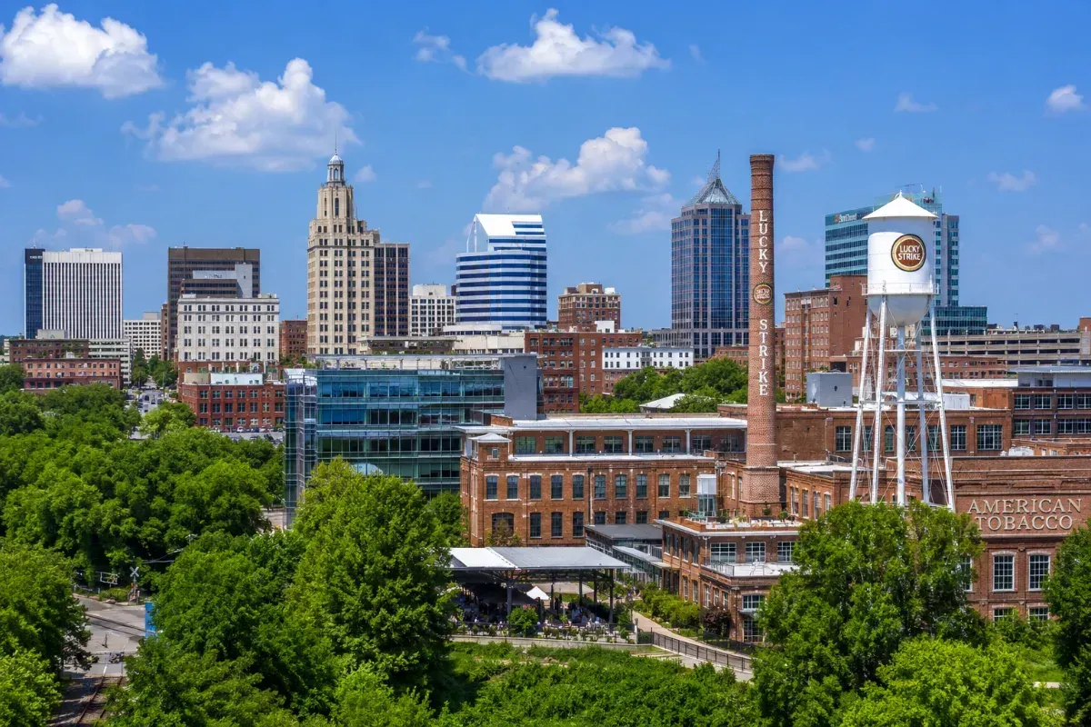 Durham, North Carolina skyline featuring the Lucky Strike water tower.