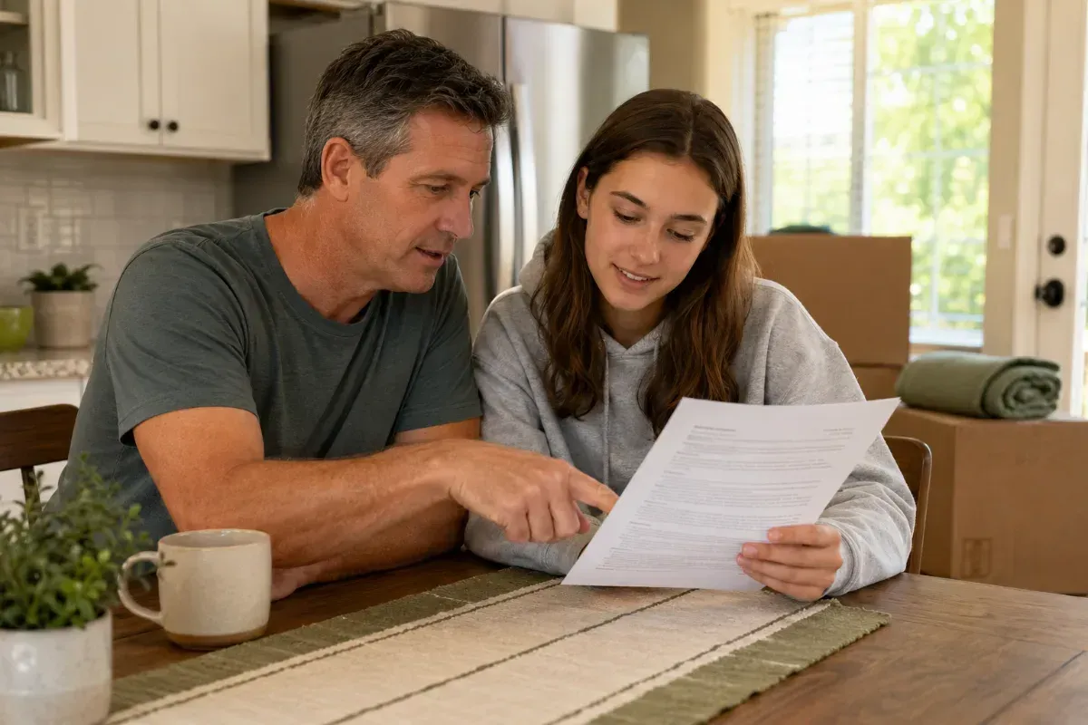 Father and teenage daughter reviewing moving documents at a kitchen table, with cardboard boxes and a blanket in the background, signifying a new home or relocation.