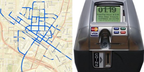 A split-screen view: a map highlighted with blue parking zones on the left and a digital parking meter on the right.