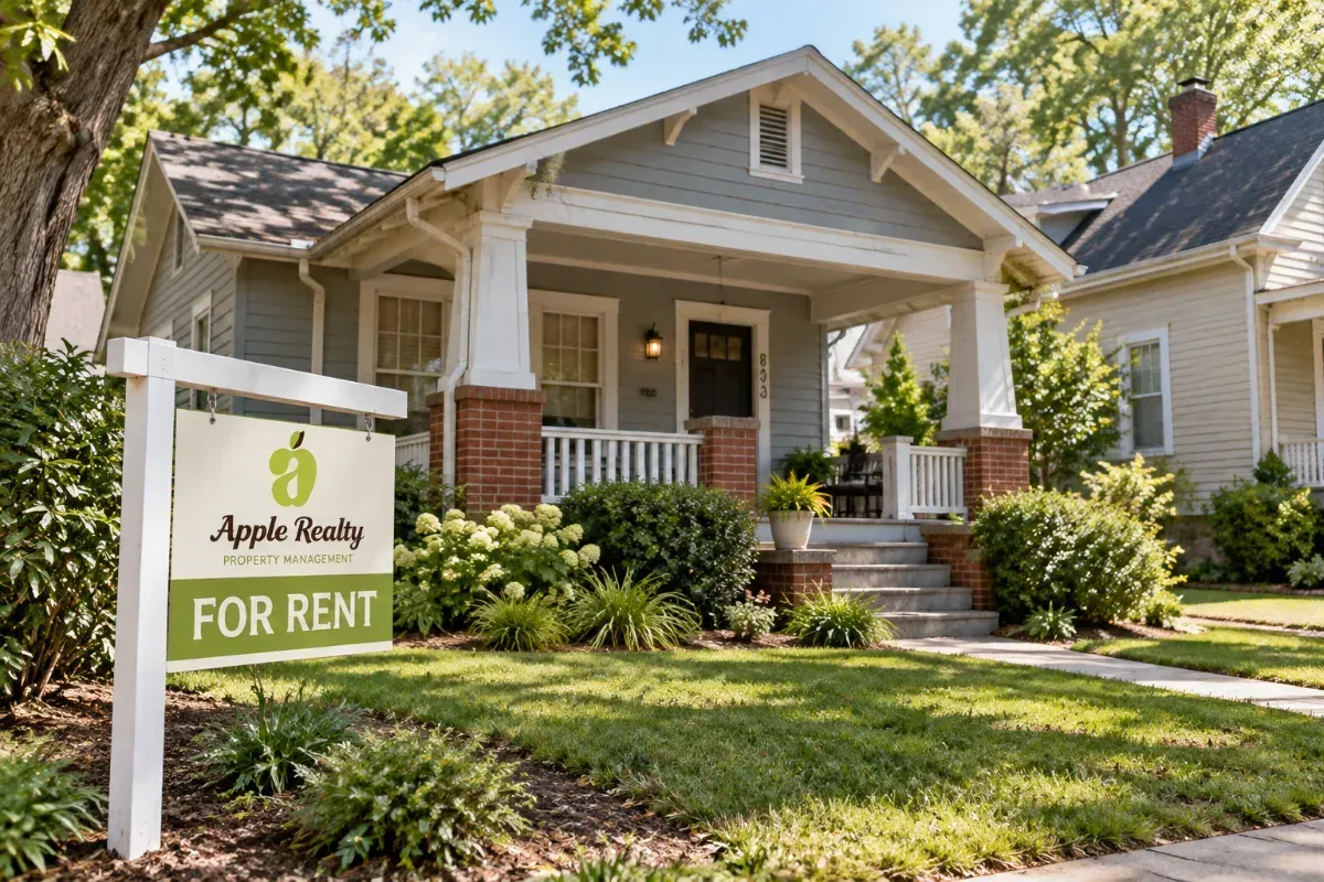 Older pre-1978 bungalow in a Raleigh neighborhood with a for-rent sign in the front yard
