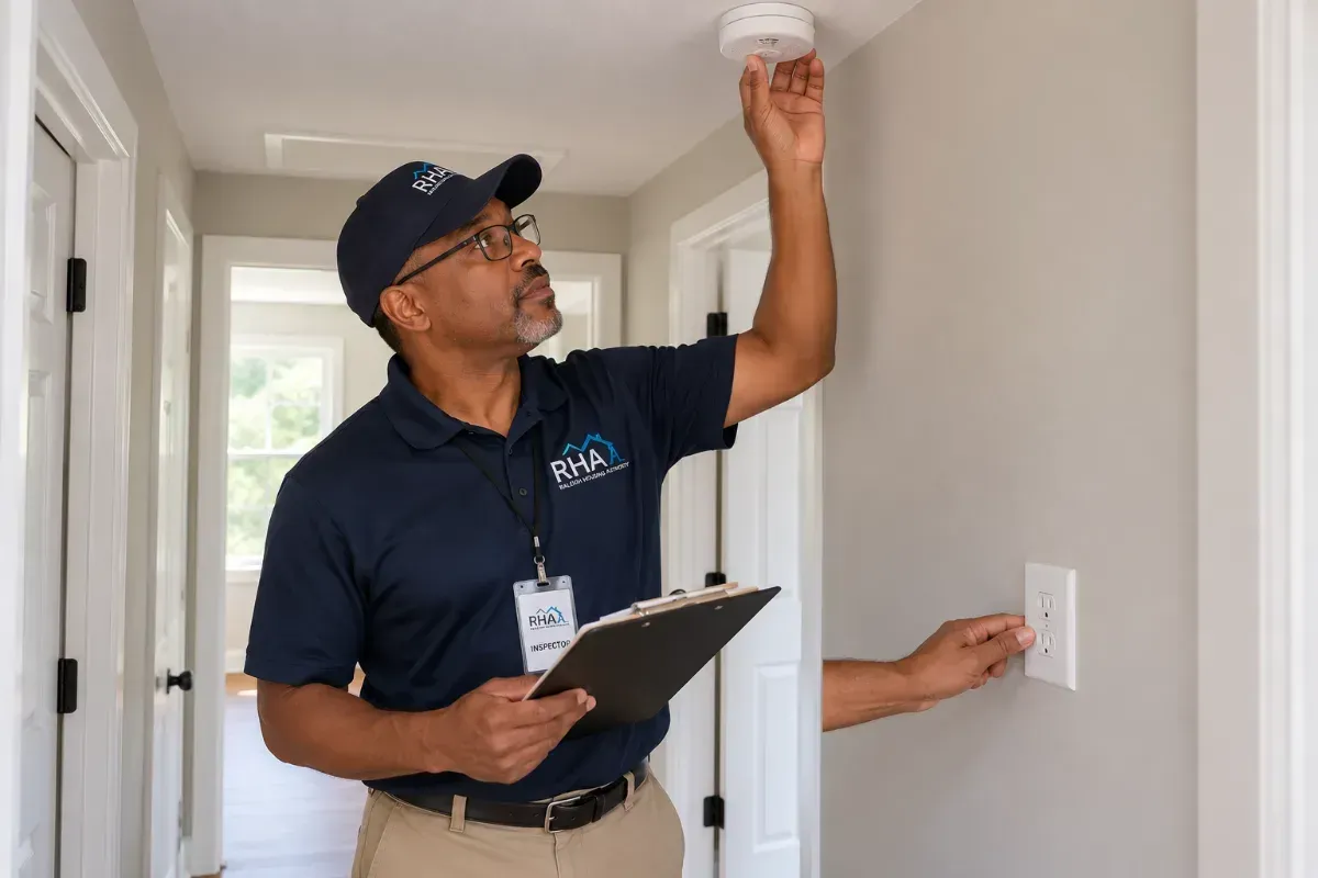 Housing inspector checking a smoke alarm and electrical outlet cover during a rental unit inspection