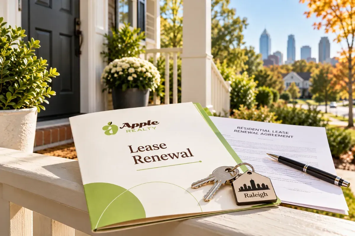A Raleigh rental home exterior with a 'Lease Renewed' folder and keys on the porch railing