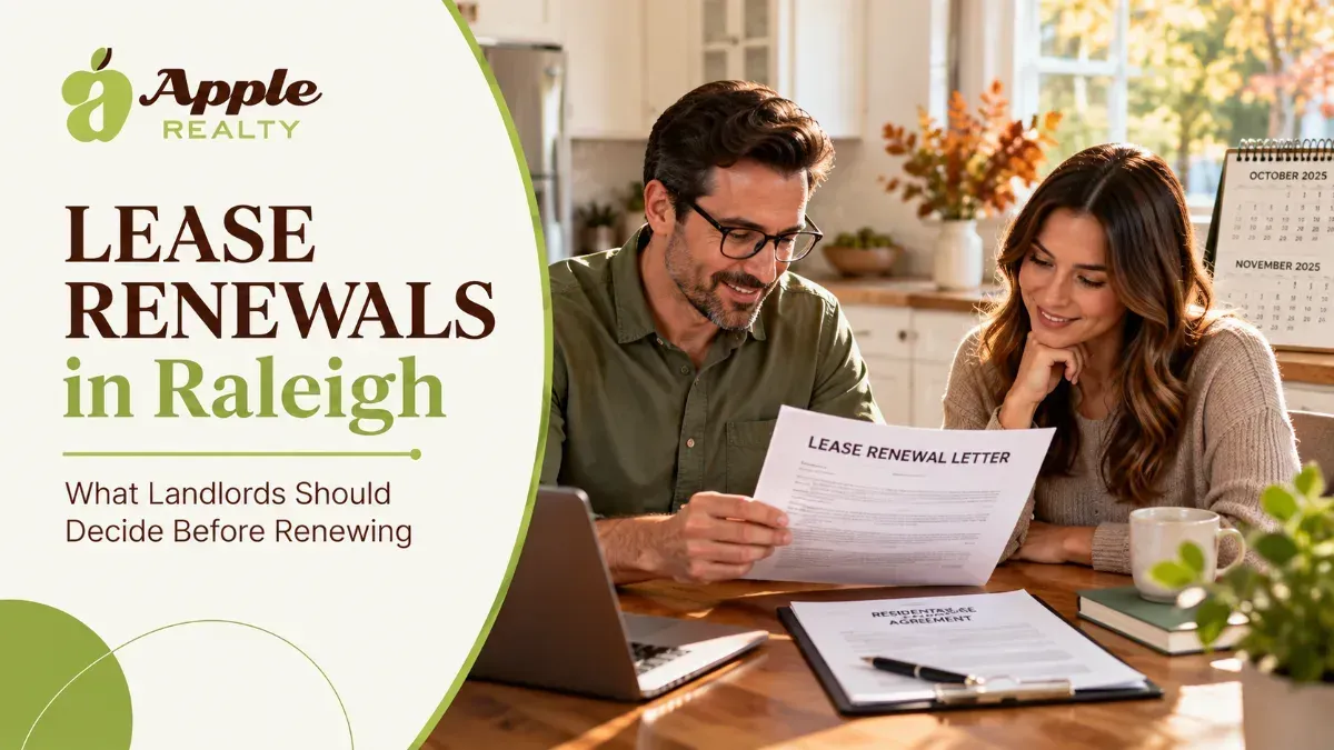 A couple reviews a 'Lease Renewal Letter' and 'Residential Lease Agreement' in a bright kitchen with 'Apple Realty: Lease Renewals in Raleigh' overlay.
