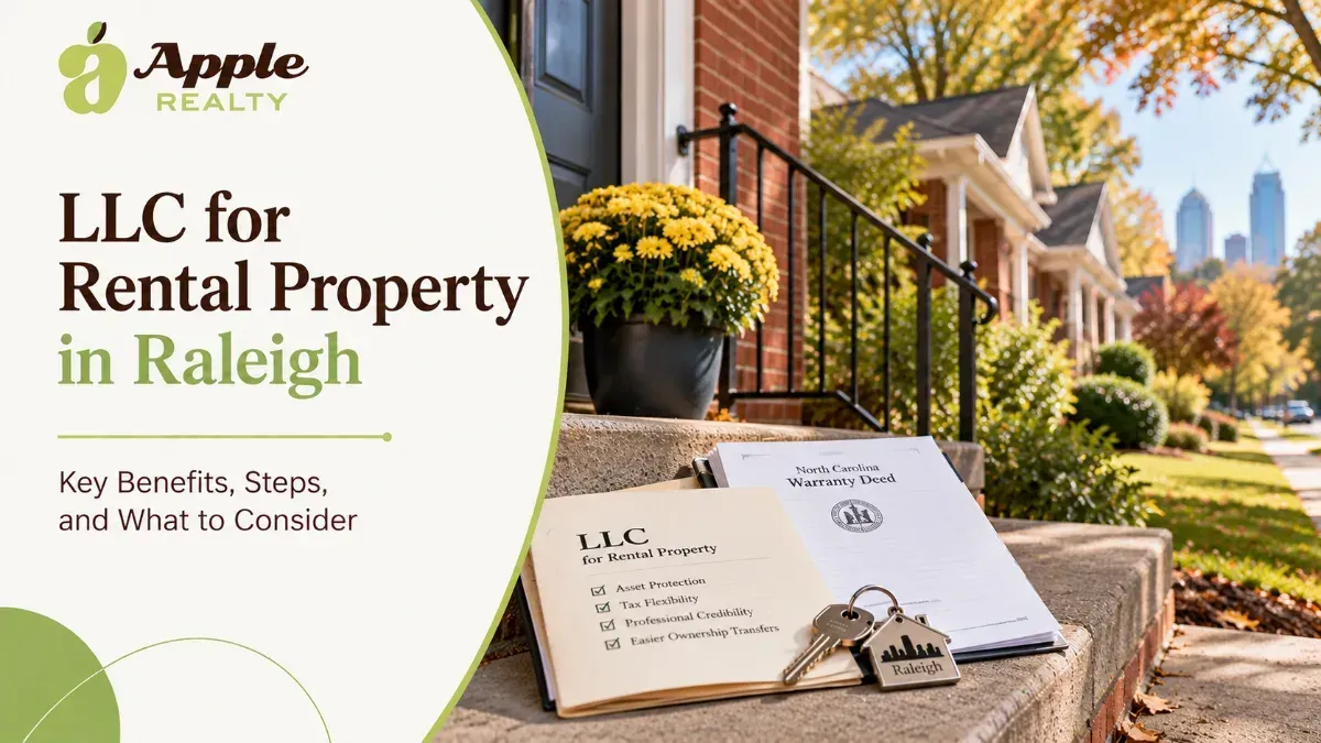 Apple Realty promotes LLC for Raleigh rental property: asset protection, tax flexibility. Features d
