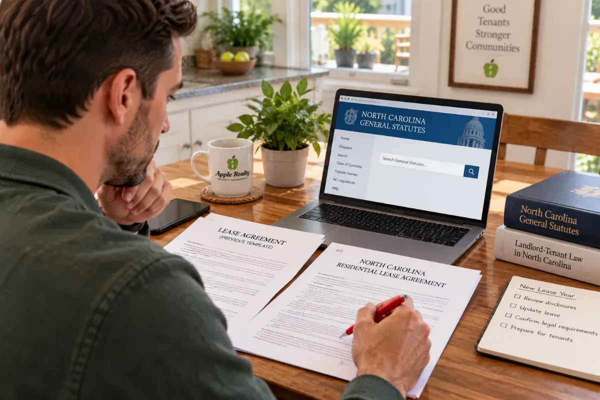 Rental owner comparing an old lease template against the current NC General Statutes on a laptop