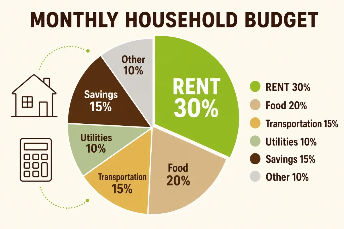 Monthly household budget pie chart illustrating allocations: Rent 30%, Food 20%, Transportation 15%, Savings 15%, Utilities 10%, and Other 10%.