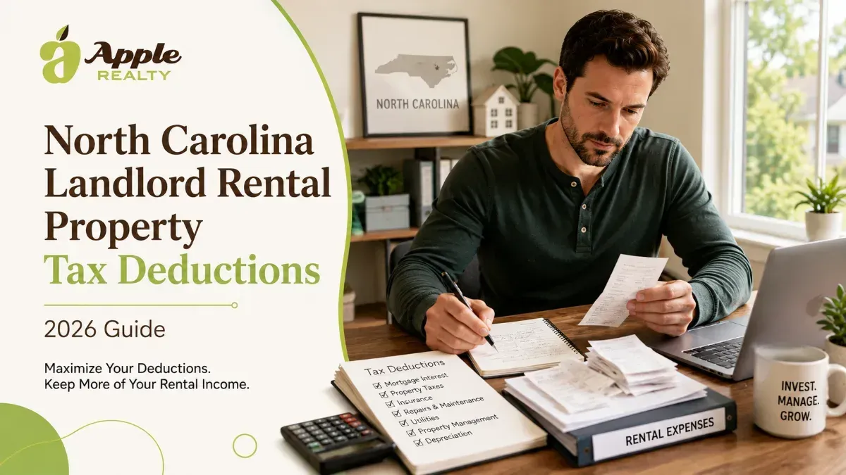 A man reviews financial documents and a checklist of tax deductions for North Carolina rental proper