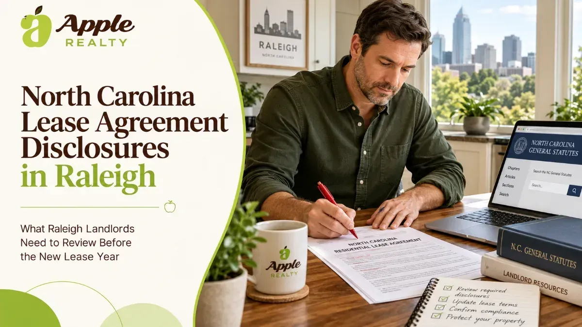 North Carolina lease agreement disclosures in Raleigh — man reviewing lease documents at a desk.