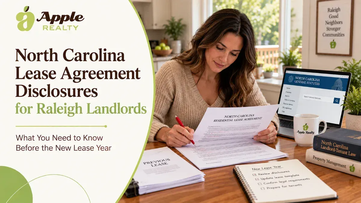 Woman reviews North Carolina residential lease, Apple Realty branded, with laptop on legal statutes and books on landlord-tenant law.