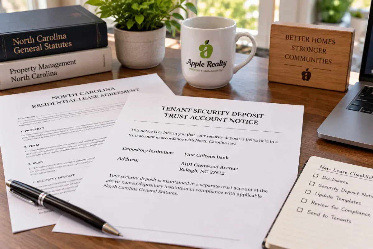 Security deposit trust account notice naming the bank, on a Wake County property manager's desk