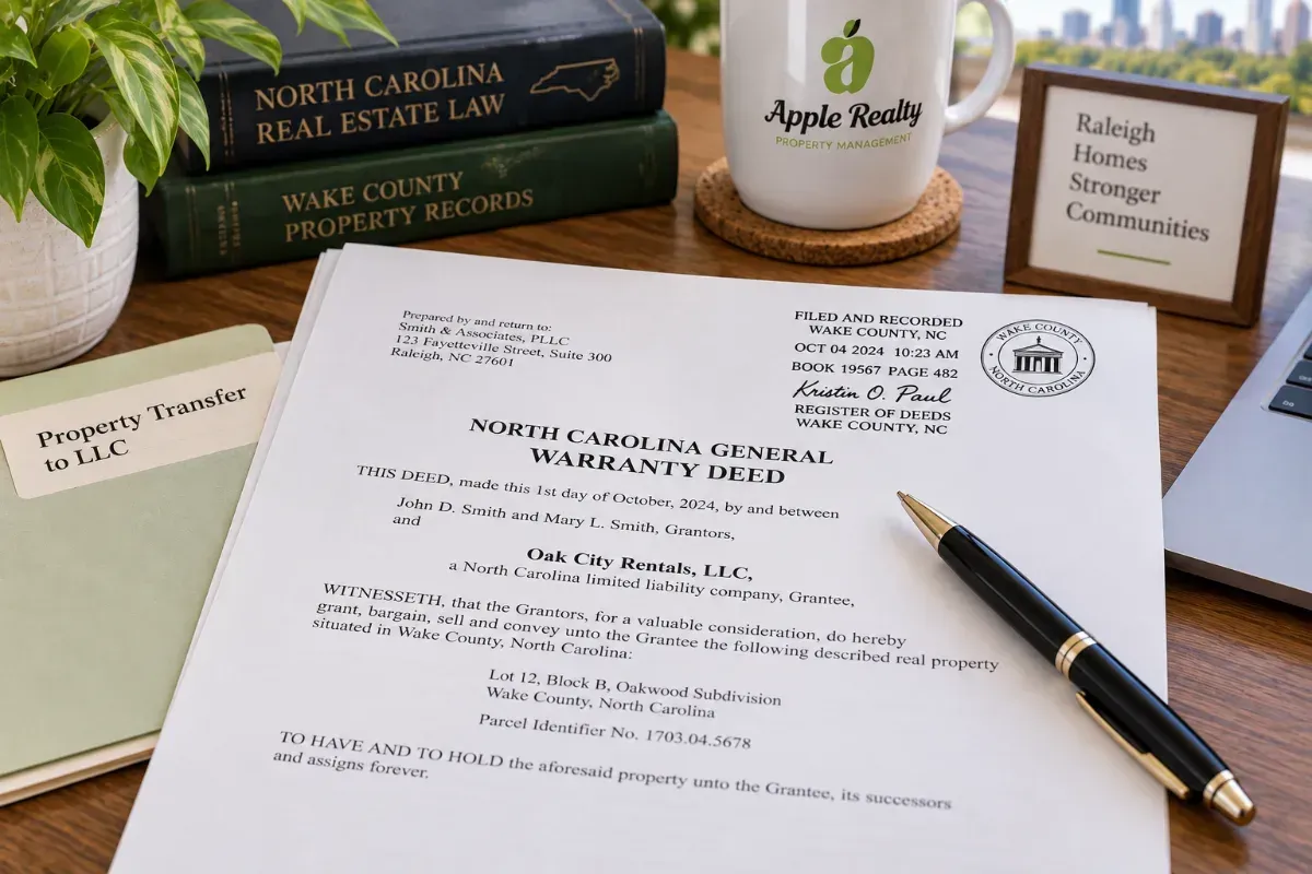 Separate business bank account statement and a signed lease naming an LLC as landlord, laid out on a desk