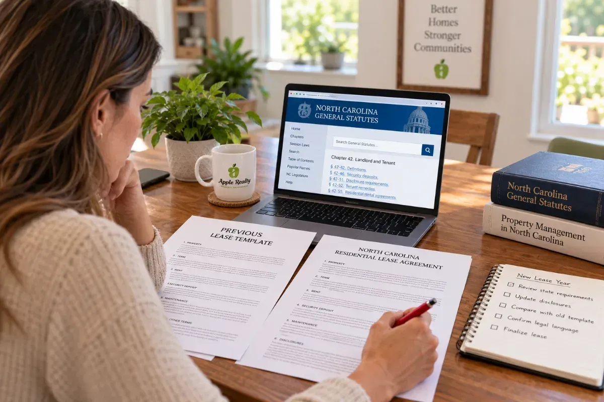 Property manager reviewing rental lease agreement documents at a desk in Raleigh, NC