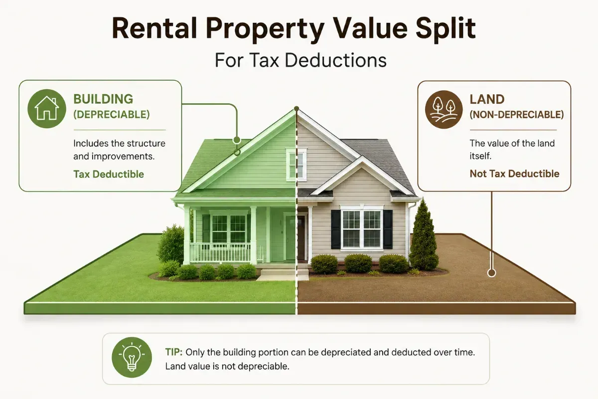 Rental property value split between deductible building value and non-deductible land value