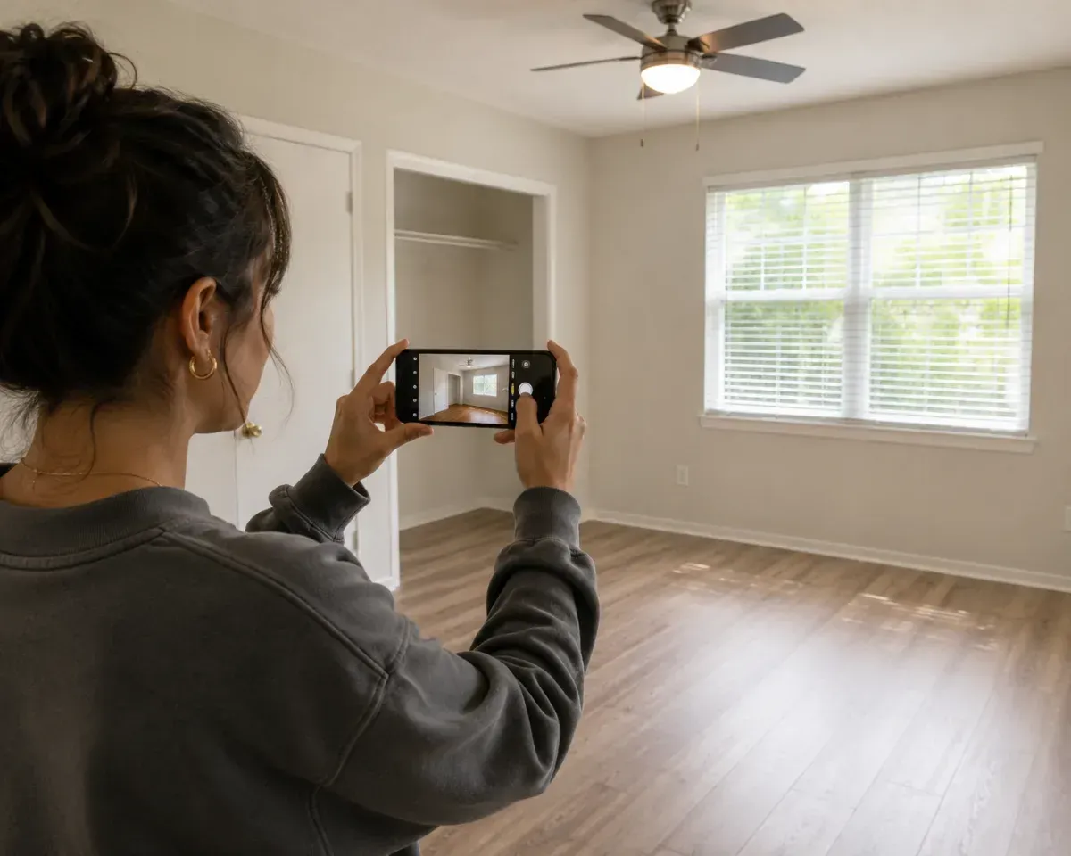 North Carolina renter photographing a rental room at move-out to document condition