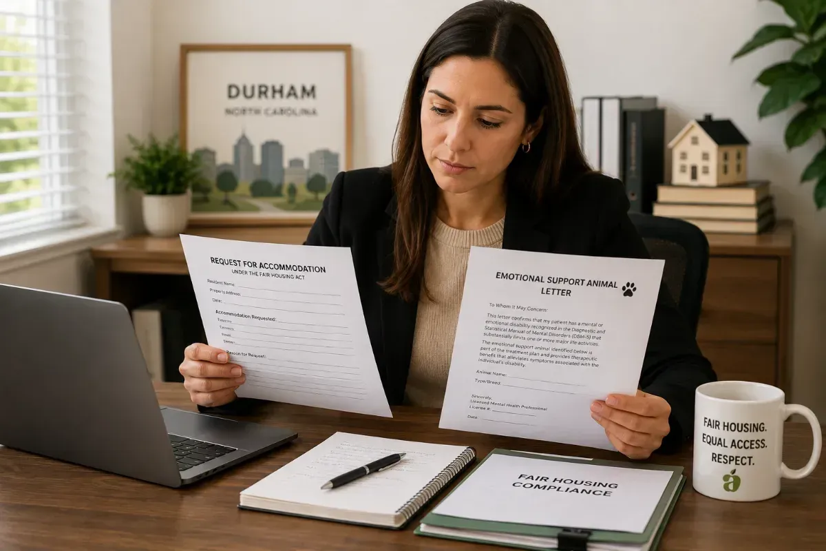 Woman in a black blazer reviewing a 'Request for Accommodation Under the Fair Housing Act' form and an 'Emotional Support Animal Letter' at a desk with a laptop, 'Fair Housing Compliance' folder, and a 'Fair Housing, Equal Access, Respect' mug.