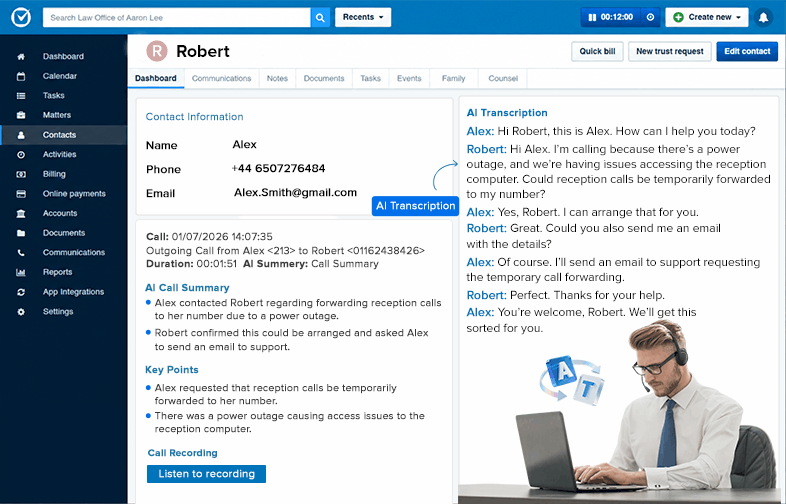 Clio contact record showing an AI call summary, key points and full call transcription inside the client dashboard