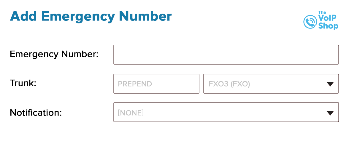 Emergency number configuration form for VoIP system