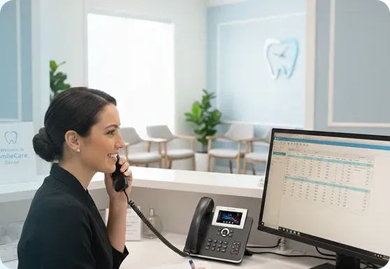 Dental Receptionist taking calls using deskphone