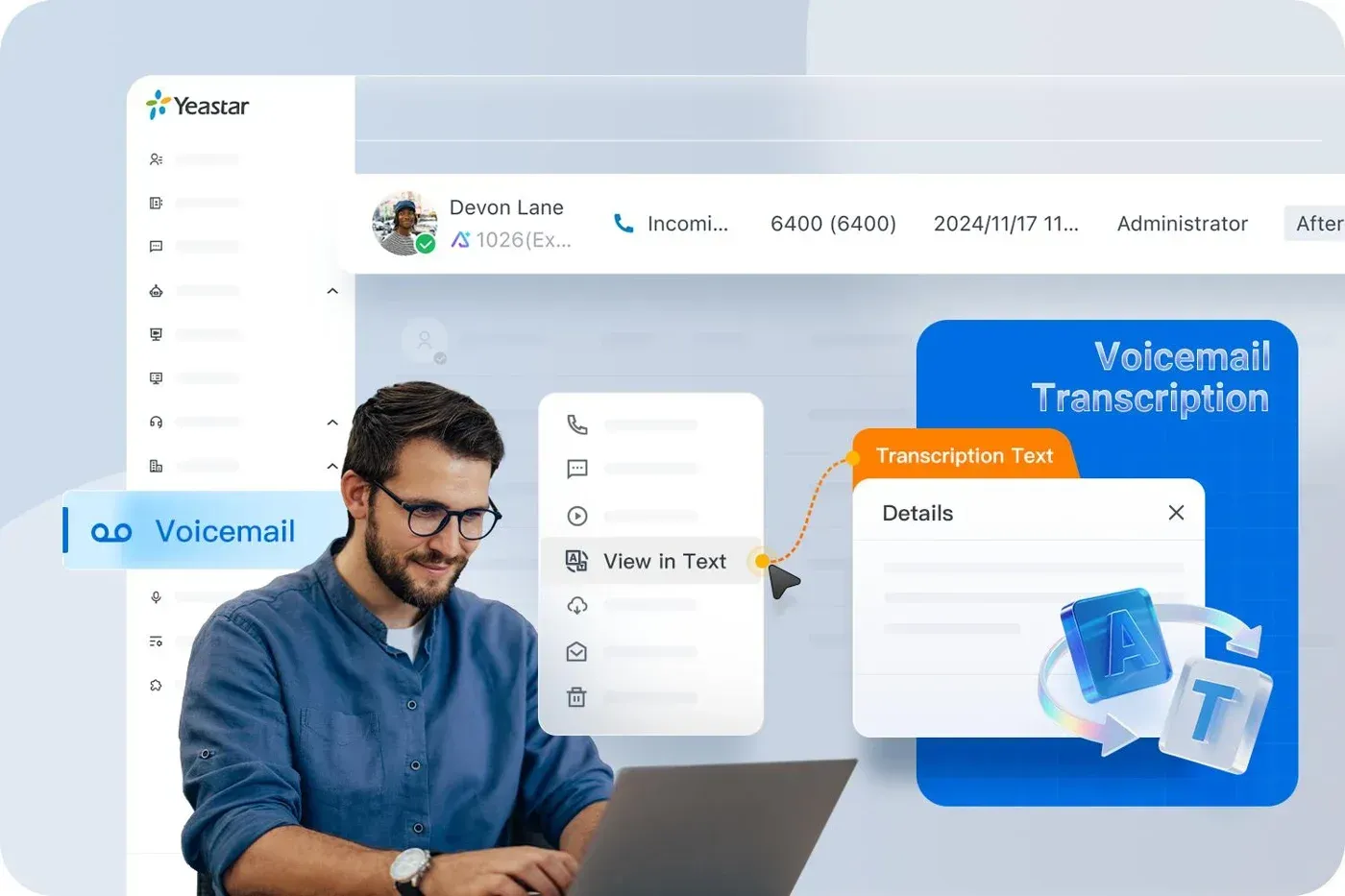Voicemail transcription shown as text in the Linkus app