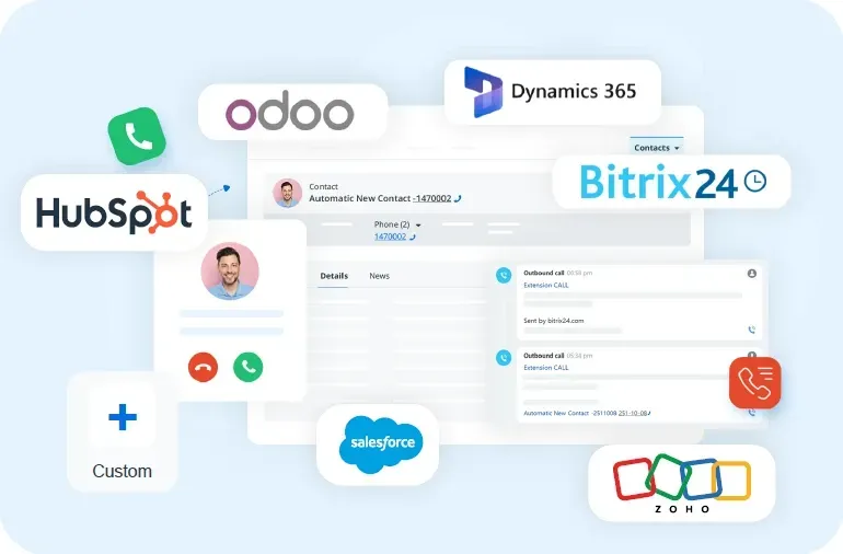 Ready made CRM integrations with HubSpot, Odoo, Dynamics 365, Bitrix24, Salesforce, Zoho and custom CRMs