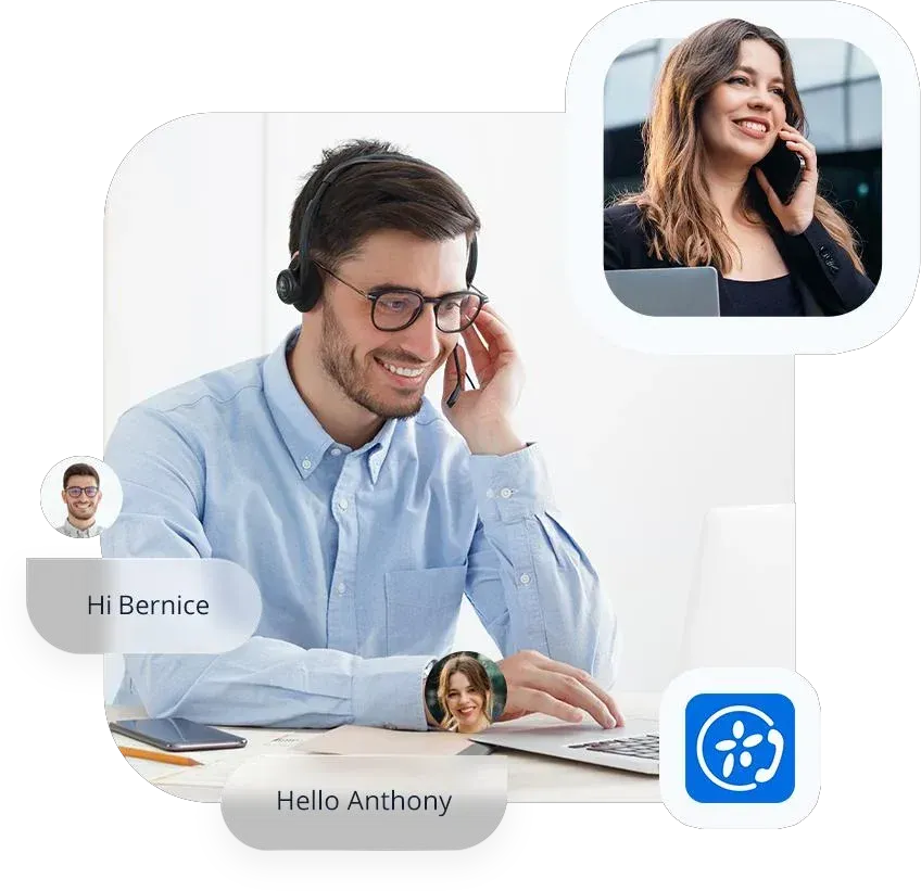 Staff on a headset and a mobile, using the Yeastar Linkus app