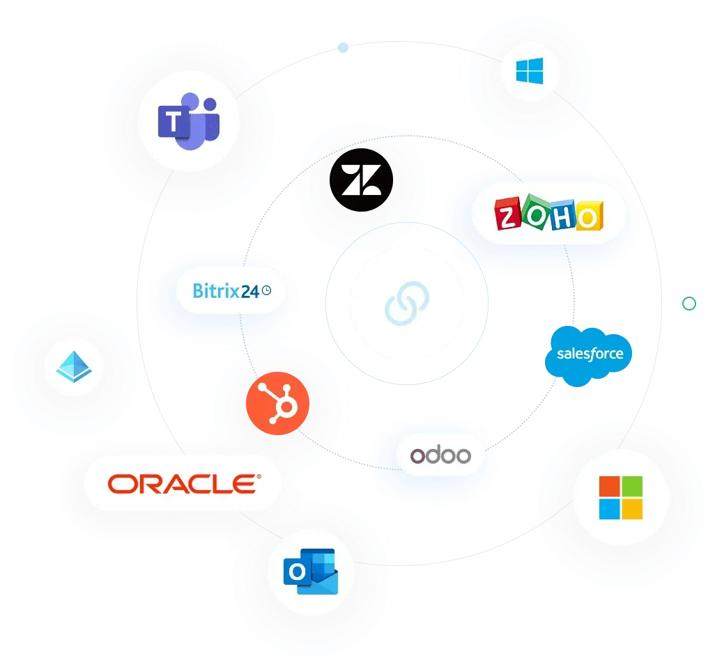 Integrations with Microsoft Teams, Outlook, Entra ID, Zendesk, Zoho, Salesforce, HubSpot, Bitrix24, Odoo and Oracle